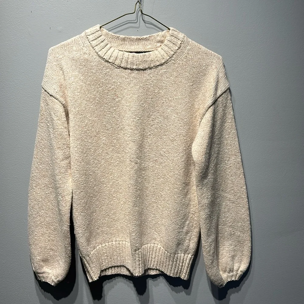 J. Crew women’s beige marled crew neck puff sleeve knit sweater size XS‎